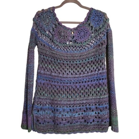 Free People Whimsigoth Y2K Long Fairy Grunge Crochet Sweater Boho Purple Blue Gr - Picture 3 of 9